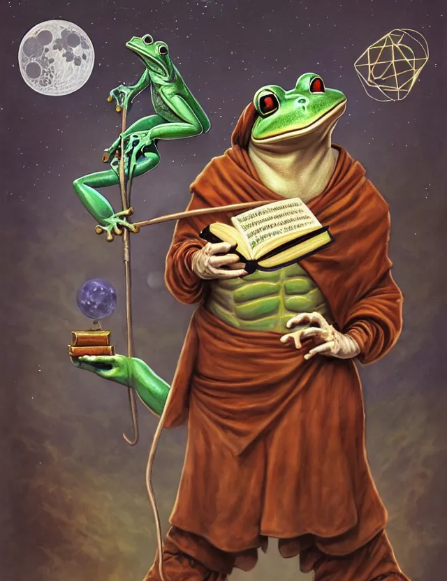 Prompt: anthropomorphic bipedal frog that is dressed as a medieval librarian, and holding a giant book in his hand, and holding a wand while casting a magic spell, as a matte oil painting and d & d character art, by alex grey, standing, fullbody, lunar, concept art, award - winning, extremely detailed, sharp focus