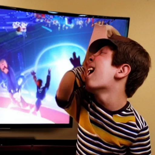 Image similar to a young man with brown hair reads a message on his TV and is super happy, and dancing on the ceiling, because he gets free Xbox game upgrades on his computer, realistic photo