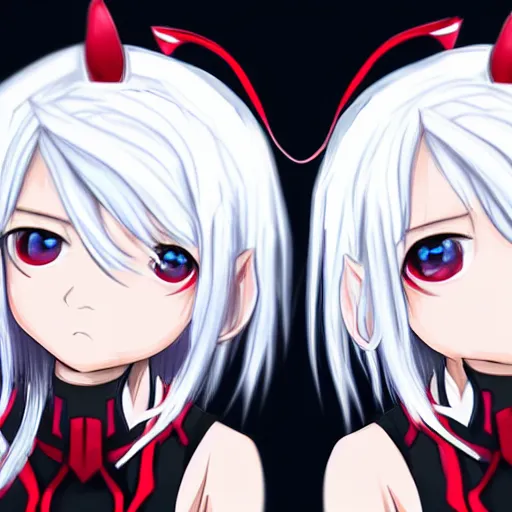 Image similar to white hair red eyes two small horn on the head anime style anime girl