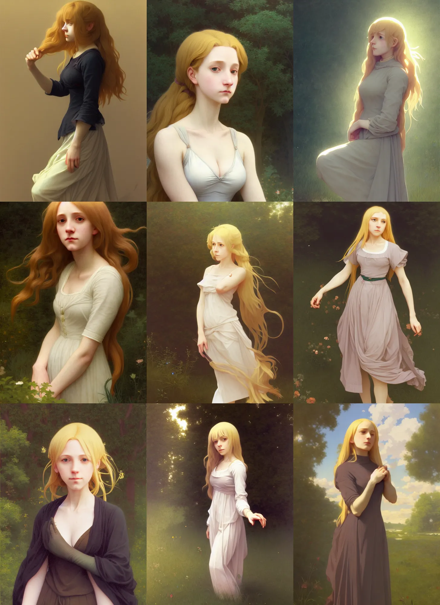 Prompt: a full body portrait of Ophelia Goldhall, long blonde hair, makoto shinkai, james gilleard, tone mapping, very detailed, matte, William-Adolphe Bouguereau, wlop