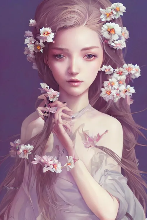 Image similar to romantic and fashion and love princess of the flower with sheath dress, 8 k realistic, teenager girl, baroque, symmetrical, flowing hair, smile, trending pinterest and pixiv, muted colors, hyperrealistic, l close up shot, character concept art, face by kyoung hwan kim, alexandra fomina, ilya kuvshinov