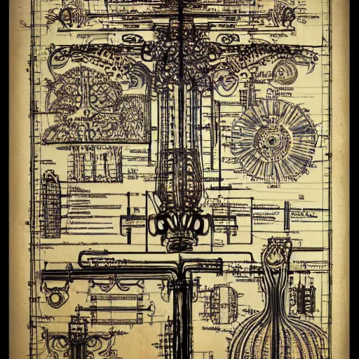 Image similar to schematic blueprint of highly detailed ornate filigreed convoluted ornamented elaborate medical equipment, art by da vinci