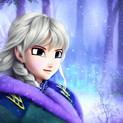 Prompt: portrait focus of Supa Saiyajin knight beautiful 3D anime girl, Frozen ice armor wearing, dark forest background, snowing, bokeh, inspired by Masami Kurumada, digital painting, high contrast, unreal engine render, volumetric lighting, high détail