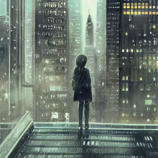 Image similar to “ a girl on a ledge overlooking futuristic new york city, ghostpunk, heavy rain, high detail, by moebius ”