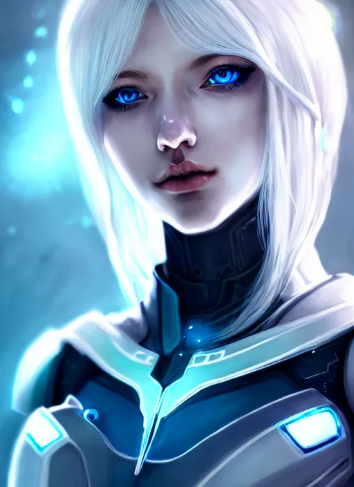 Image similar to detailed portrait of perfect white haired girl, android, warframe armor, beautiful, pretty face, blue cyborg eyes, innocent, scifi, 4 k, sun yunjoo, ultra realistic, aura of light, cinematic lighting, highly detailed, sharp focus, artstation, masterpiece, art by hyungjin yang