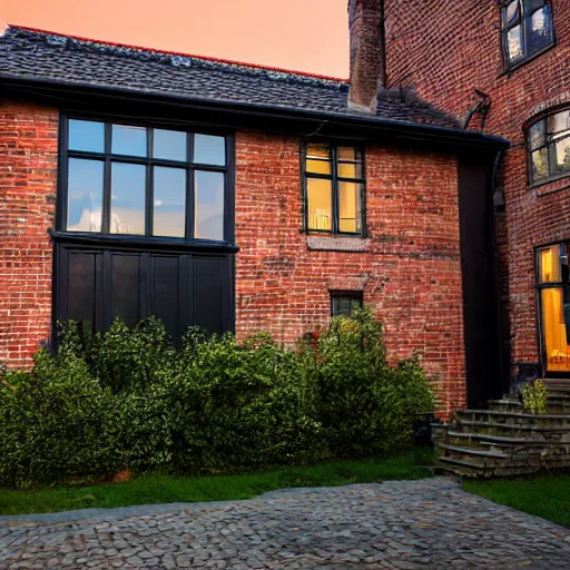 Image similar to a two floor house, exposed brick walls, large tinted window, black window frames, nice flowered distributed back yard with stonemasons, slate roof style, during sunset, nice house lighting