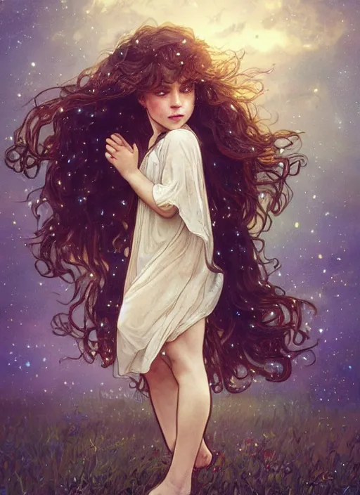 Image similar to A cute little girl with shoulder length curly brown hair. She is standing in a field at night looking up and the sky is filled with constellations. beautiful fantasy art by By Artgerm and Greg Rutkowski and Alphonse Mucha, trending on artstation.