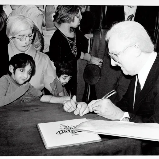 Image similar to Abdul Alhazred signs Necronomicons at a book signing event, 1974 vintage photo