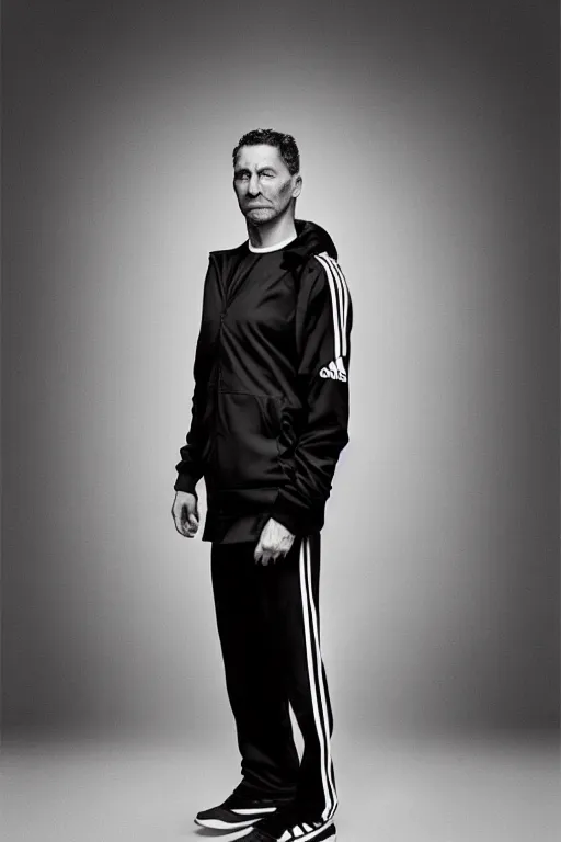 Image similar to full body photo. extreme long shot. man in black jacket and white!!! adidas!!! pants!!!. serious face. by Martin Schoeller