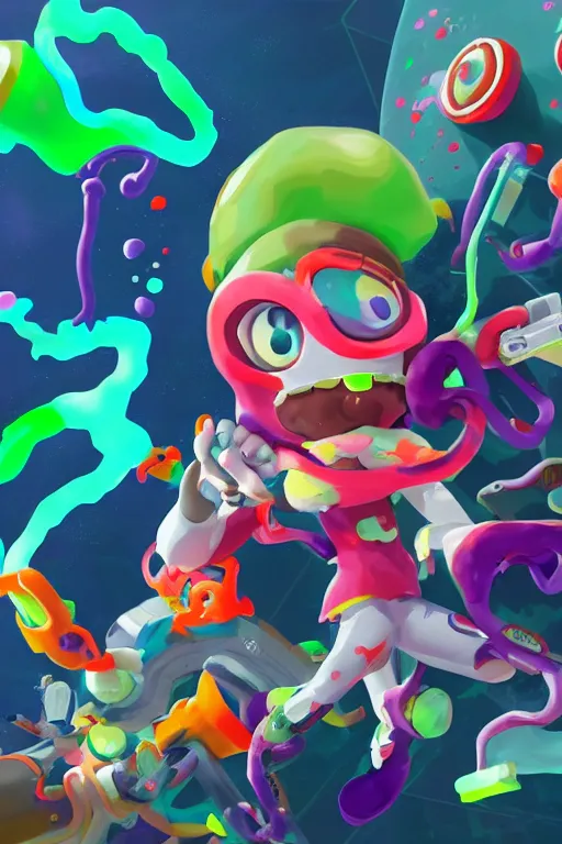 Prompt: splatoon nintendo dynamic poses digital painting on canvas, trending on artstation, featured on pixiv, cinematic composition, 8 k