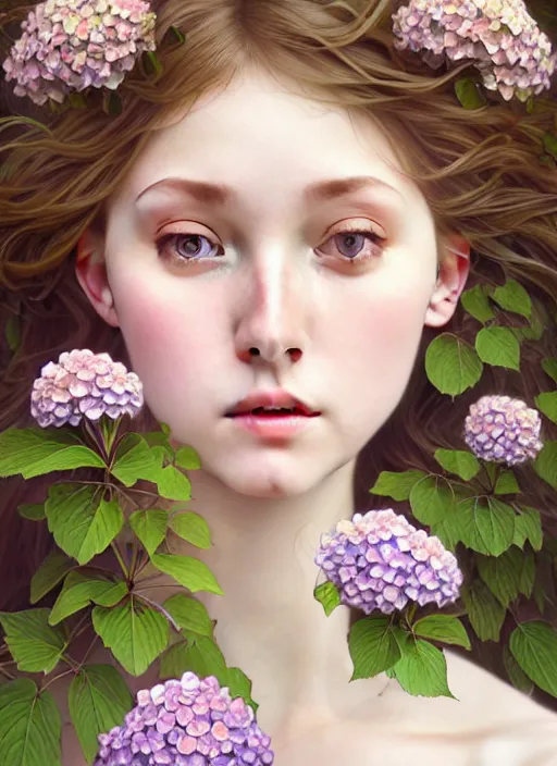 Prompt: realistic photographic perfect portrait of a anthropomorphic hydrangea blossom, fantasy, wind blowing hair, intricate, elegant, highly detailed, digital painting, artstation, concept art, smooth, super sharp focus, illustration, art by artgerm and h r giger and alphonse mucha