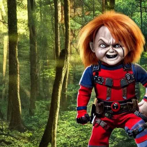 Image similar to chucky the doll and deadpool in the woods together 4 k detailed super realistic