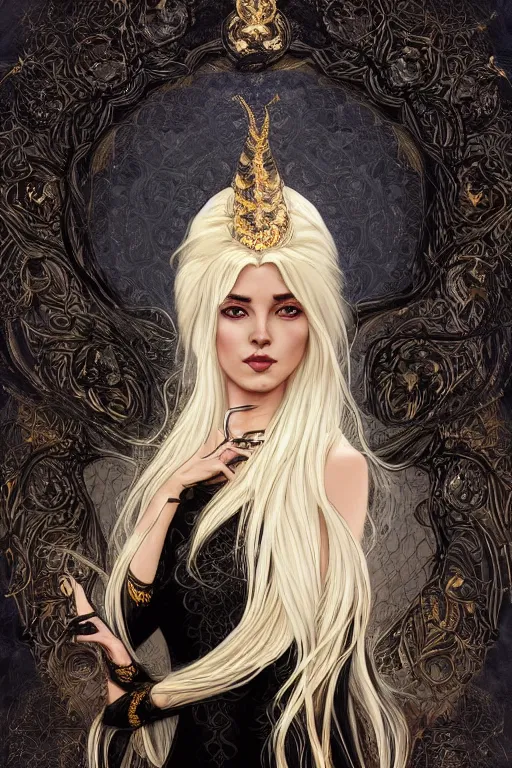 Image similar to fullbody!! of a beautiful woman with white hair, big natural horns on her head, long flowing intricate black lace dress, gold jewellery, dnd, face, fantasy, intricate, elegant, highly detailed, digital painting, artstation, concept art, smooth, sharp focus, illustration, art by artgerm and greg rutkowski and alphonse mucha