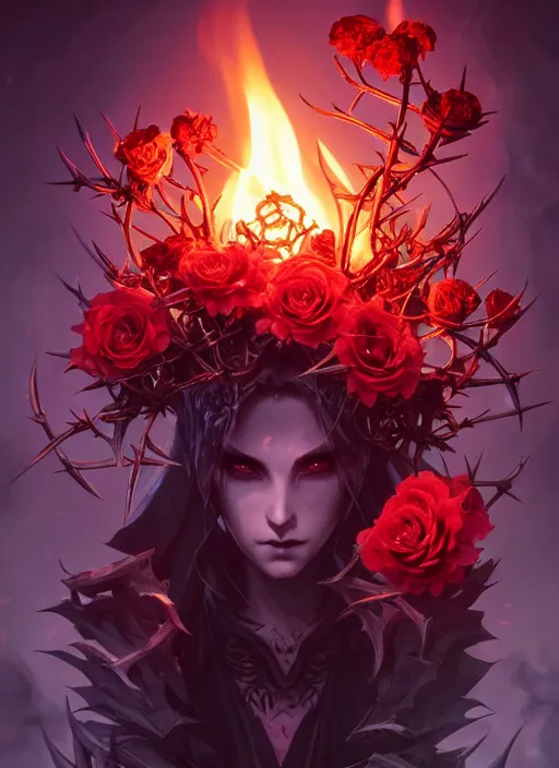 Prompt: beautiful necromancer with fire and smoke magic, surrounded by thorns and roses, attarctive face, anime key visual, highly detailed, sharp focus, concept art, league of legends, style by shumolly and monable and artgerm and greg rutkowski and zeronis and pilyeon and ruan jia