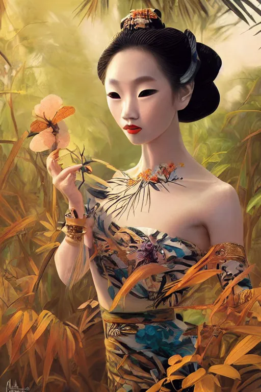 Prompt: stunningly beautiful, inuit geisha prima ballerina in jungle, symmetrical face, golden hour, smooth, focus, highly detailed, hyper realistic, dramatic lighting, elegant, intricate, concept art, art by wlop, mars ravelo, greg rutowski, artstation