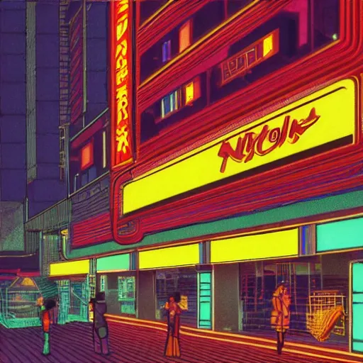 Image similar to an old shopping mall from the 1 9 8 0 s, neon lights, by satoshi kon