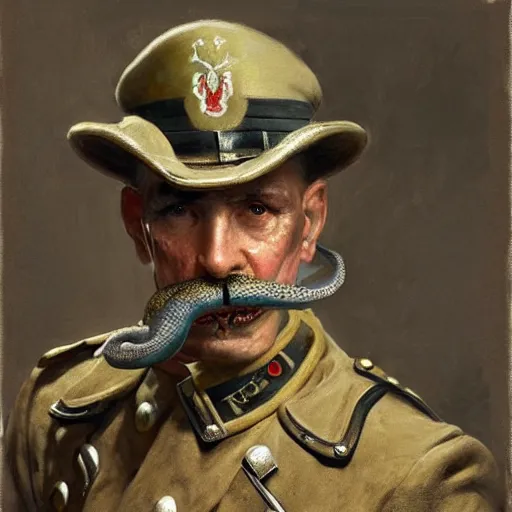 Prompt: old snake with big mustache dressed as a antropormophhic snake veteran colonel of the first world war german army, a snake as a human, highly detailed painting by gaston bussiere, craig mullins, j. c. leyendecker