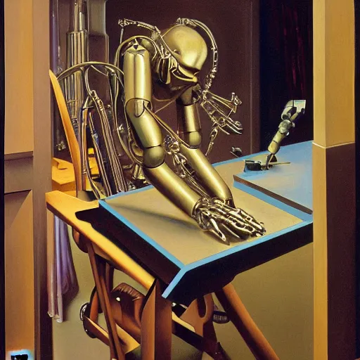 Prompt: robot artist artist painting a self portrait, by clyde caldwell, james c. christensen, h. r. giger, george tooker