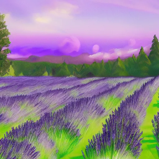Image similar to ”Epic landscape, purple fields of lavender with a dark forest in the background, in the middle is a blue lake and blue river, bright summer day. Trending on art station, concept art”