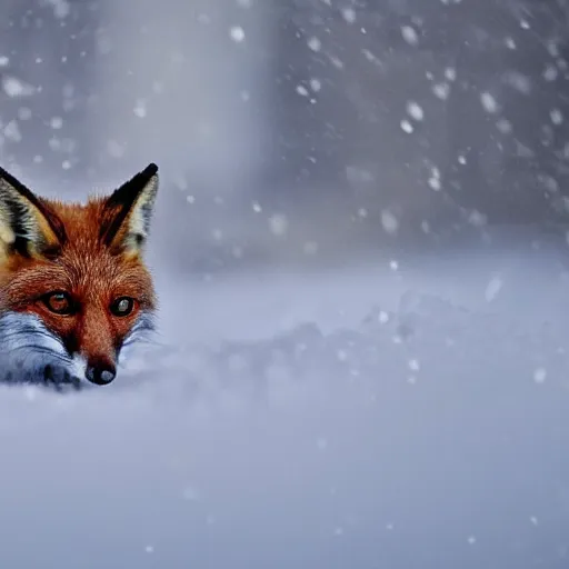 Image similar to mouse mixed with a fox searching for food in the snow, macro shot, soft light of winter, award winning photo, national geographic,