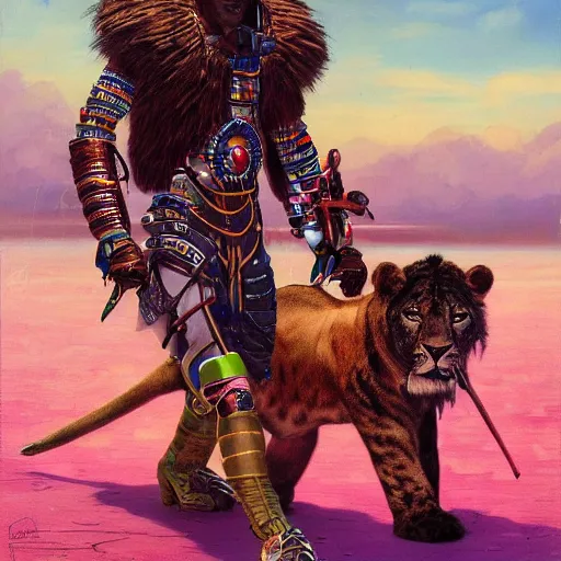 Image similar to a cyberpunk zulu warrior hunting a steampunk lion near a pink lake, by thomas blackshear and android jones, oil on canvas, afrofuturism, 8k