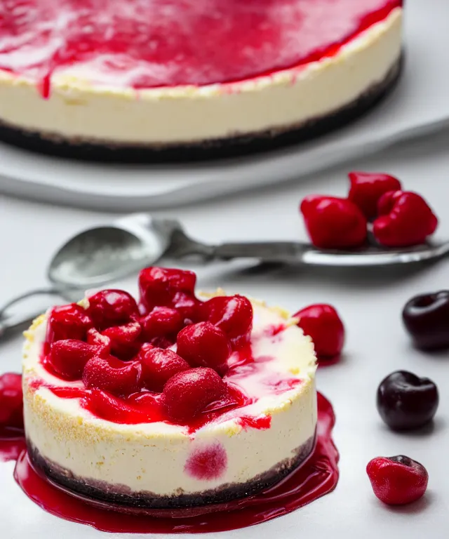 Image similar to high quality presentation photo of stawberry and cherry cheesecake, photography 4k f1.8 anamorphic bokeh 4k Canon Nikon