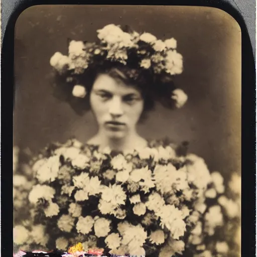 Prompt: woman covered in flowers, 1910 polaroid photography,