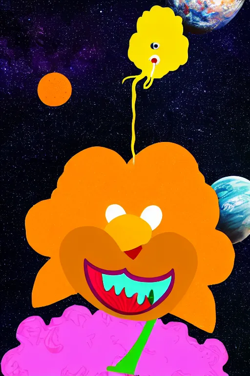 Image similar to A flower with a mouth eating a chicken nugget in space