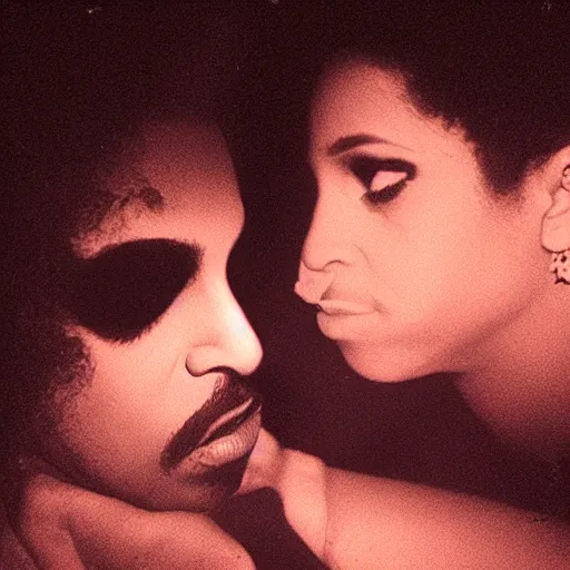 Image similar to a night - vision photo of prince kissing a woman in low light. it's so dark, you can barely make out their features.