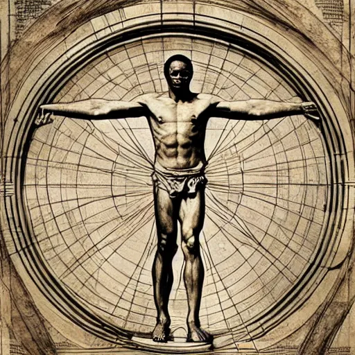 Image similar to Usain Bolt as the Vitruvian Man by leonardo da vinci, detailed, 8k, realistic, intricate blueprint in the style of Franz Xaver Winterhalter