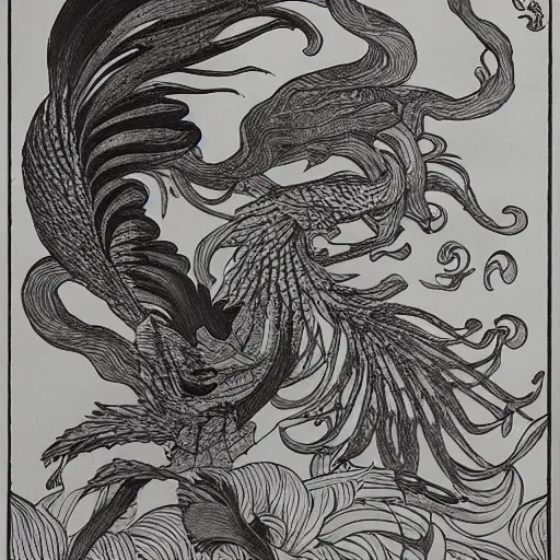 Image similar to A phoenix in fire bathes where water lilies are floating, lithography by Aubrey Beardsley, High definition, detailed,