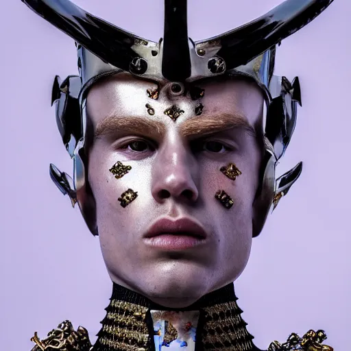 Prompt: a portrait of a beautiful young male wearing an alexander mcqueen armor made of borealis , photographed by andrew thomas huang, artistic