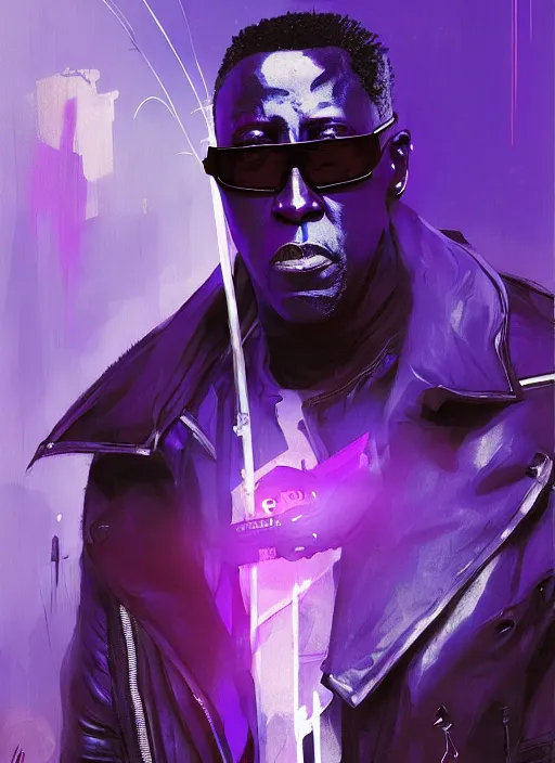 Image similar to wesley snipes as blade, blue and purple hour, by ismail inceoglu