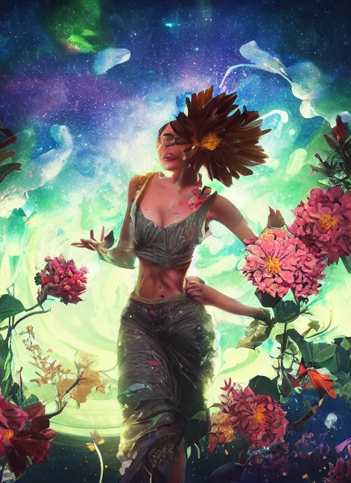 Image similar to An epic fantastic realism comic book style painting of the most beautiful twirling flowers launched across the dark and starry sky, bouquets, fisheye lens, unreal 5, DAZ, hyperrealistic, octane render, dynamic lighting