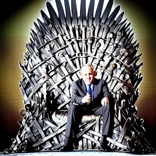 Image similar to “Benjamin Netanyahu sitting on the iron throne, 4k, award winning, realistic, scene from game of thrones”