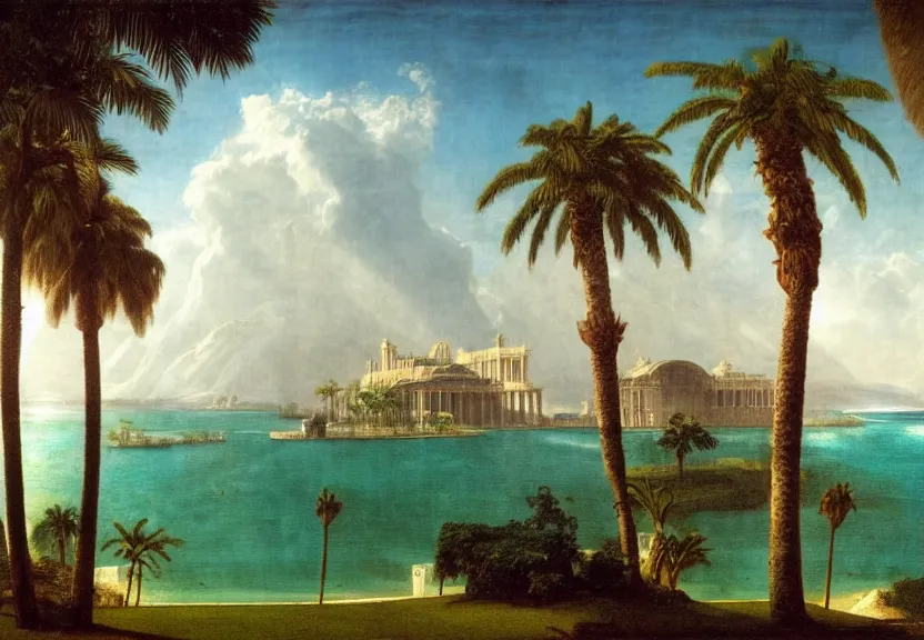 Image similar to Palace floating in the sky, 1km tall, thunderstorm, greek pool, beach and palm trees on the background major arcana sky, by paul delaroche, hyperrealistic 4k uhd, award-winning very detailed