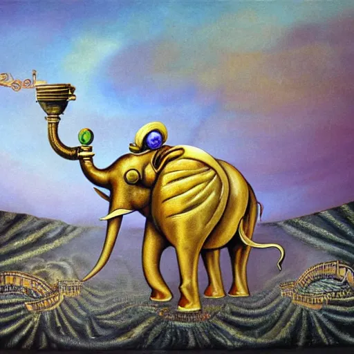 Image similar to surrealist painting of a steampunk elephant