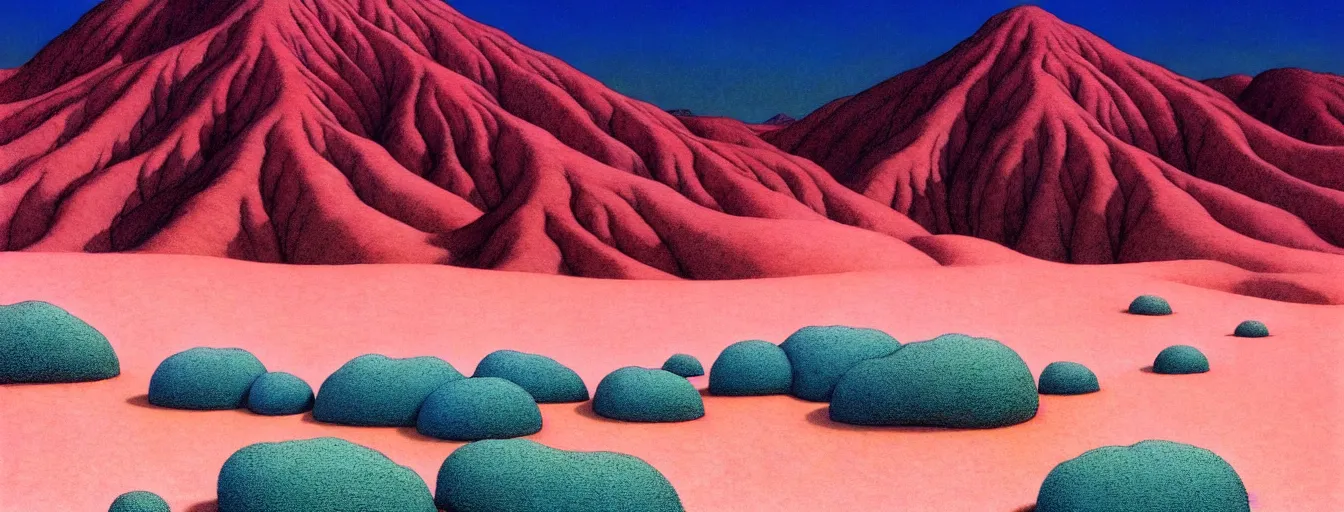 Image similar to a gorgeous desert painting of death valley, separated by streams of shimmering blue sand by barlowe wayne maxfield parrish and marco mazzoni. tree no leaf!!!! china mountain village!! blue and very little light verdancy. the protruding pink clumps of rock. ultra clear detailed. 3 d, octane render. turbulent blood lake.