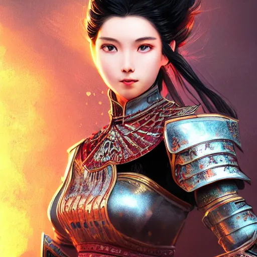 Image similar to portrait black hair young knights of Dynasty Warriors girl, metallic red armor, in ruin fire great wall sunset, ssci-fi and fantasy, intricate and very beautiful and elegant, highly detailed, digital painting, soft light, artstation, concept art, smooth and sharp focus, illustration, art by tian zi and WLOP and alphonse mucha