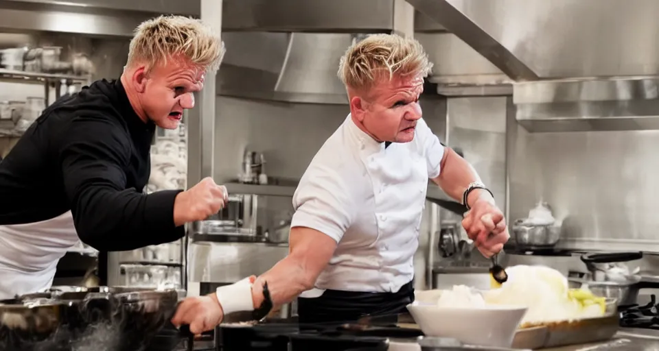 Image similar to photo of angry furious Gordon Ramsay punching Gordon Ramsay at the kitchen