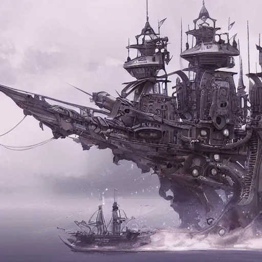 Prompt: future cybernetic steampunk pirate ship with robotic arms concept art by jung yeon min