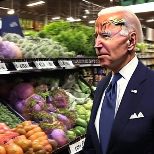 Prompt: joe biden at whole foods grocery store, surveillance camera