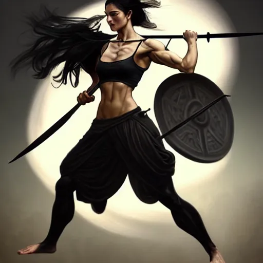 Prompt: an action photo of a black haired woman in a black tank top in a sword fight, muscular upper body, abs, d & d, fantasy, intricate, elegant, highly detailed, digital painting, artstation, concept art, smooth, sharp focus, illustration, art by artgerm and greg rutkowski and alphonse mucha