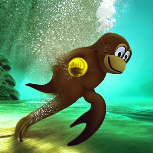 Image similar to professional underwater photo similar to level of donkey kong country, by discovery magazine, sand waves, dolphin underwater, real life, photorealistic, soft focus, long exposure