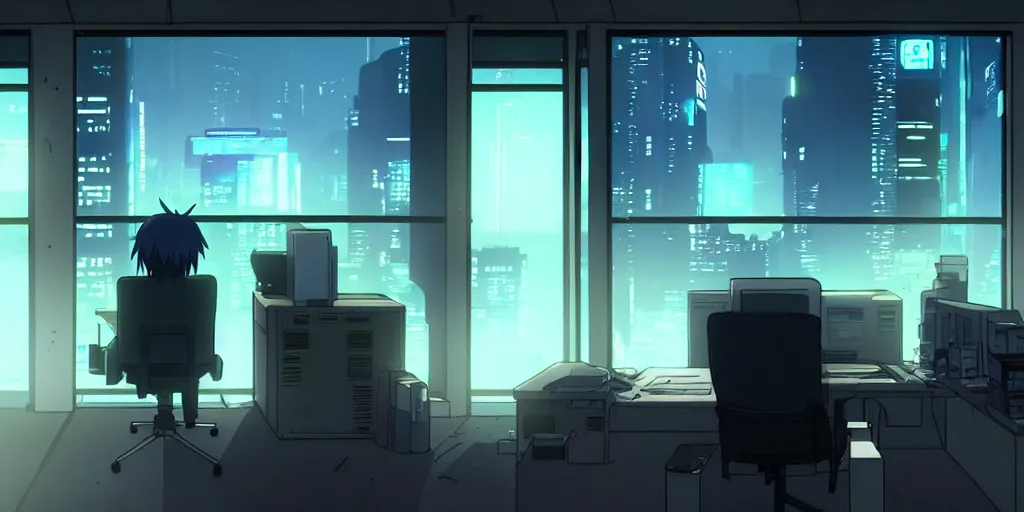 Prompt: an atmospheric empty quiet quiet after hours cyberpunk police office office in the cyberpunk neon noir anime film, Shichiro Kobayashi and makoto shinkai, screenshot in the anime series ergo proxy ergo proxy ergo proxy and Detroit metal city, interior