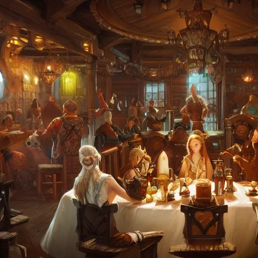 Image similar to a panorama of fantasy characters in a tavern, intricate, highly detailed, digital painting, artstation, smooth, sharp focus, illustration, 8 k, art by artgerm, greg rutkowski