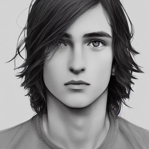 Prompt: a young man with long hair wearing a brown shirt, a character portrait by lydia field emmet, trending on cg society, photorealism, wiccan, handsome, ilya kuvshinov