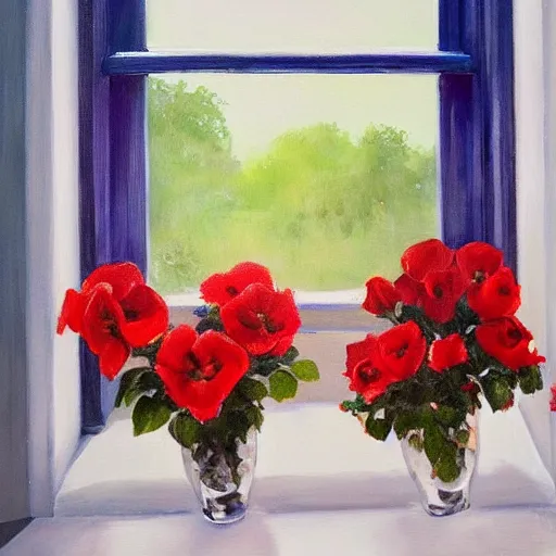 Image similar to A painting of a windowsill with flowers. Red roses. Blue Violas. The natural light from the window would be shining in on the scene. Trending on artstation