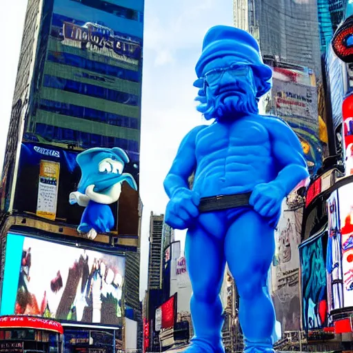 Image similar to a photograph of a very detailed renaissance sculpture of walter white as a smurf in times square, made by michelangelo, from the distance, hyper detailed, sharp focus, 8 k resolution, ray tracing