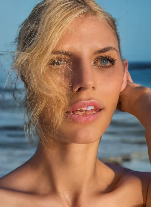 Image similar to photograph of an olive skinned blonde female model in her late twenties, her hair pinned up, wearing a designer top, looking content, focused on her neck, facing the camera, photo realistic, extreme detail skin, natural beauty, no filter, slr, golden hour, 4 k, high definition, selfie, by steve mccurry